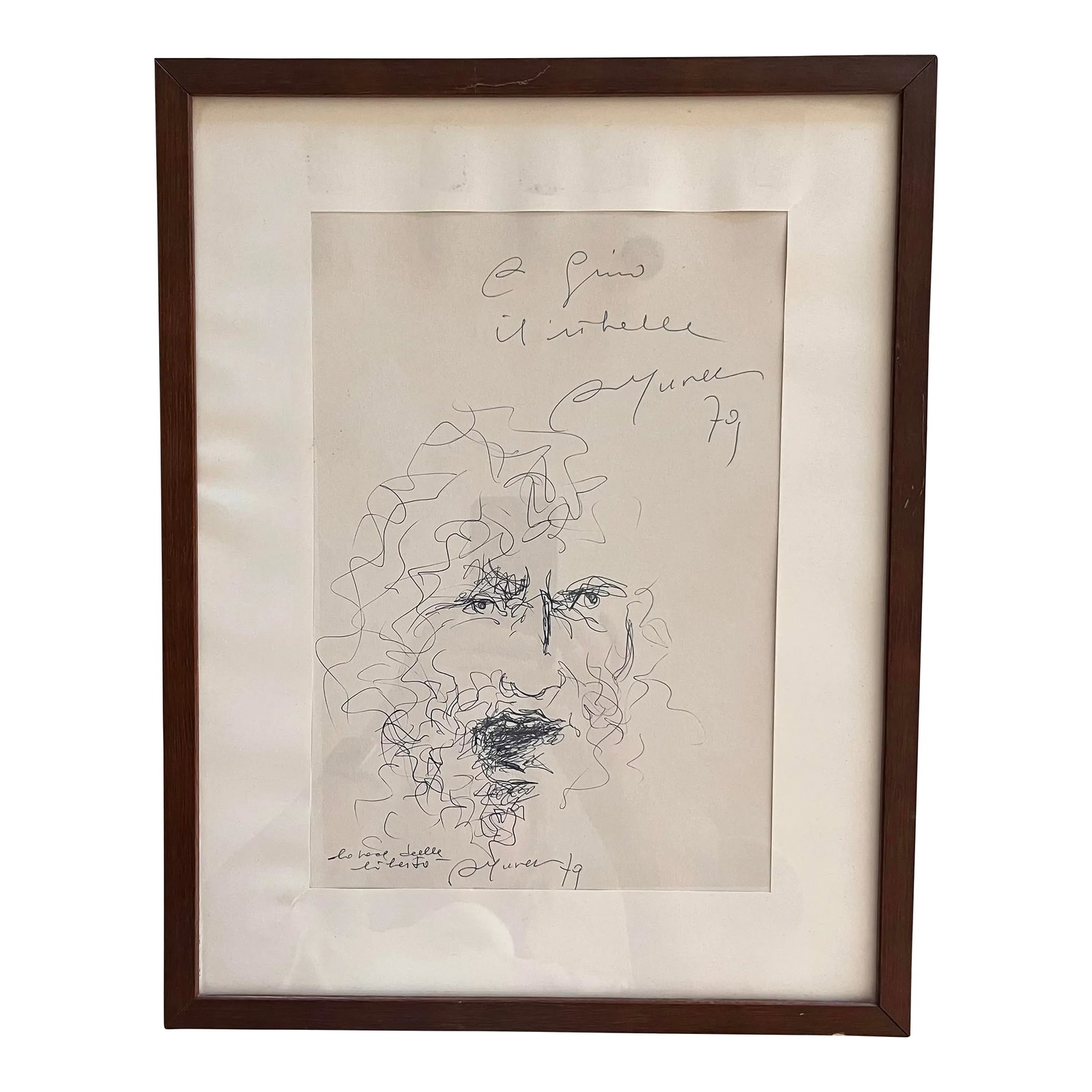 Vintage Italian Original Pen Drawing of Man - Signed: Framed pen drawing of a man. Signed and dated (1979) with message in Italian on front and back. Condition: Alterations: Original Condition Unaltered Imperfections: Some Imperfections Condition Notes: 
