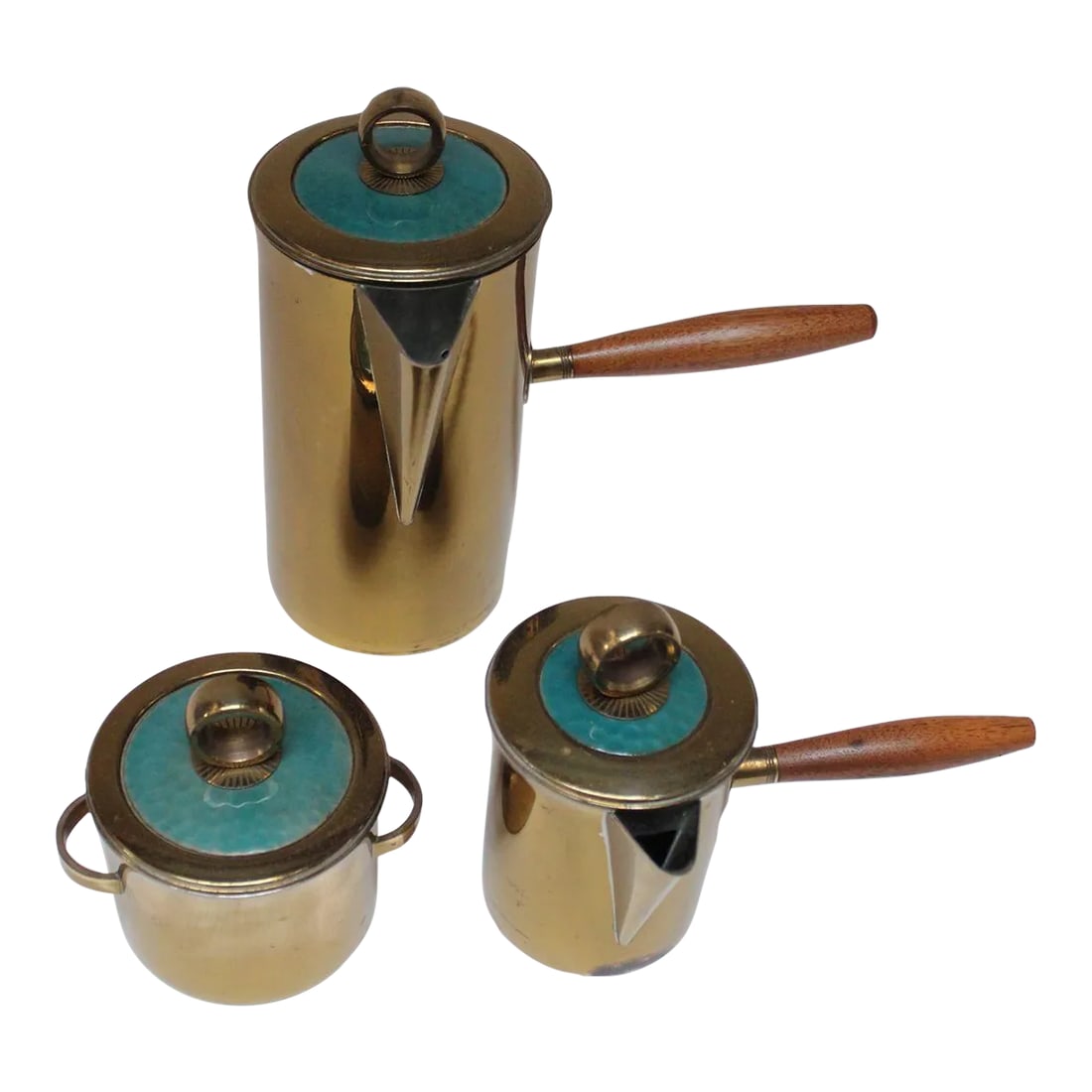 Vintage Georges Briard "El Dorado" Enamel and Brass Tea/Coffee Service: Coffee service set including a sugar bowl, creamer, and tea/coffee pot by Georges Briard for his "El Dorado" line. Composed of brass-plated silver vessels with teal enamel inserts. The creamer and
