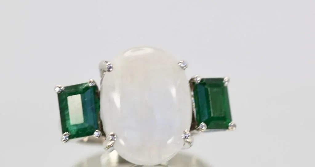 Moonstone 3 Stone Ring With Emeralds Size 6.5 - 2