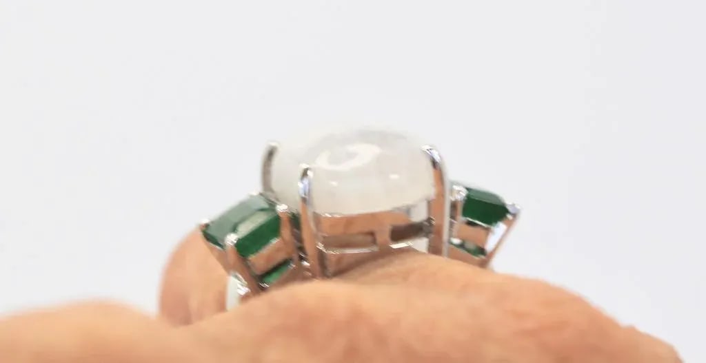 Moonstone 3 Stone Ring With Emeralds Size 6.5 - 4