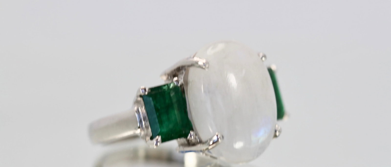 Moonstone 3 Stone Ring With Emeralds Size 6.5 - 5