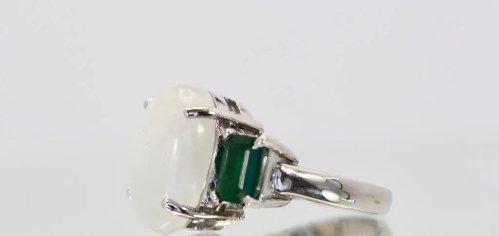 Moonstone 3 Stone Ring With Emeralds Size 6.5 - 7