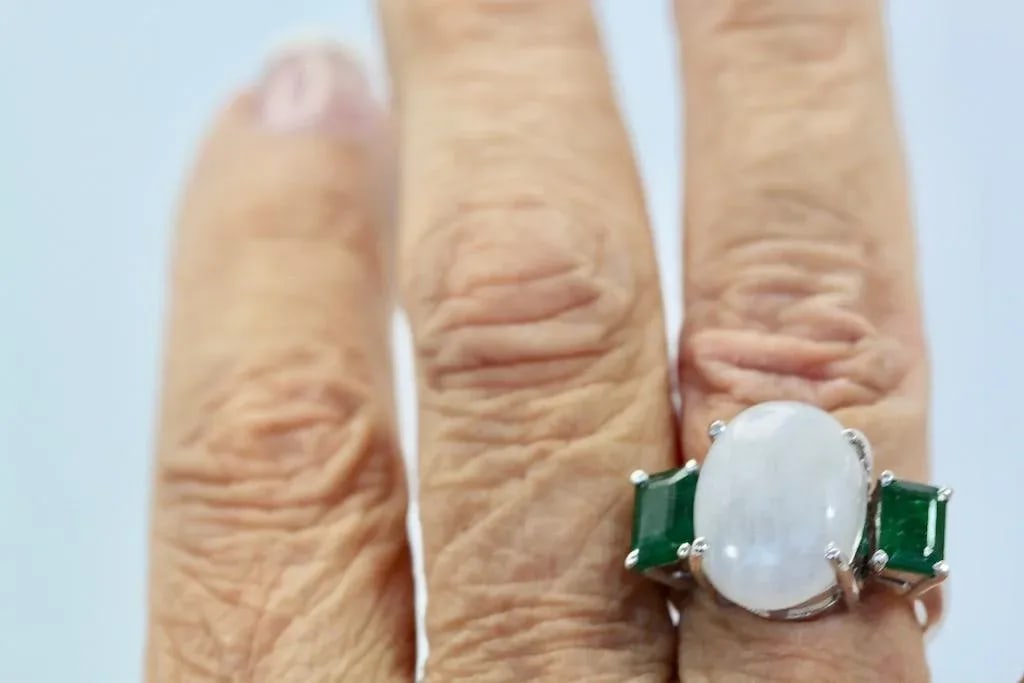 Moonstone 3 Stone Ring With Emeralds Size 6.5 - 8