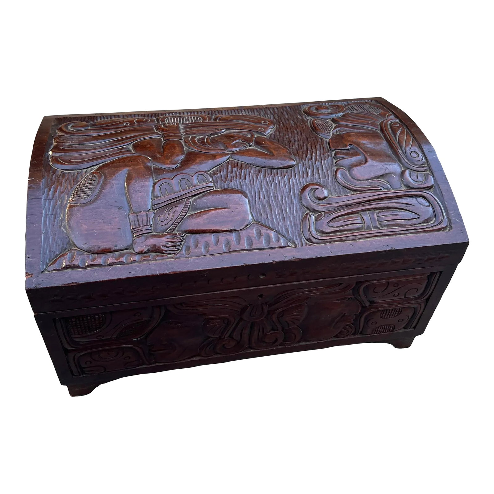 1970s Mayan Wooden Hand Carved Trunk: Gorgeous details on this hand carved trunk! Perfect for the library. Great for the interior designer. Check out my other listings! Condition: Alterations: Original Condition Unaltered Imperfections: