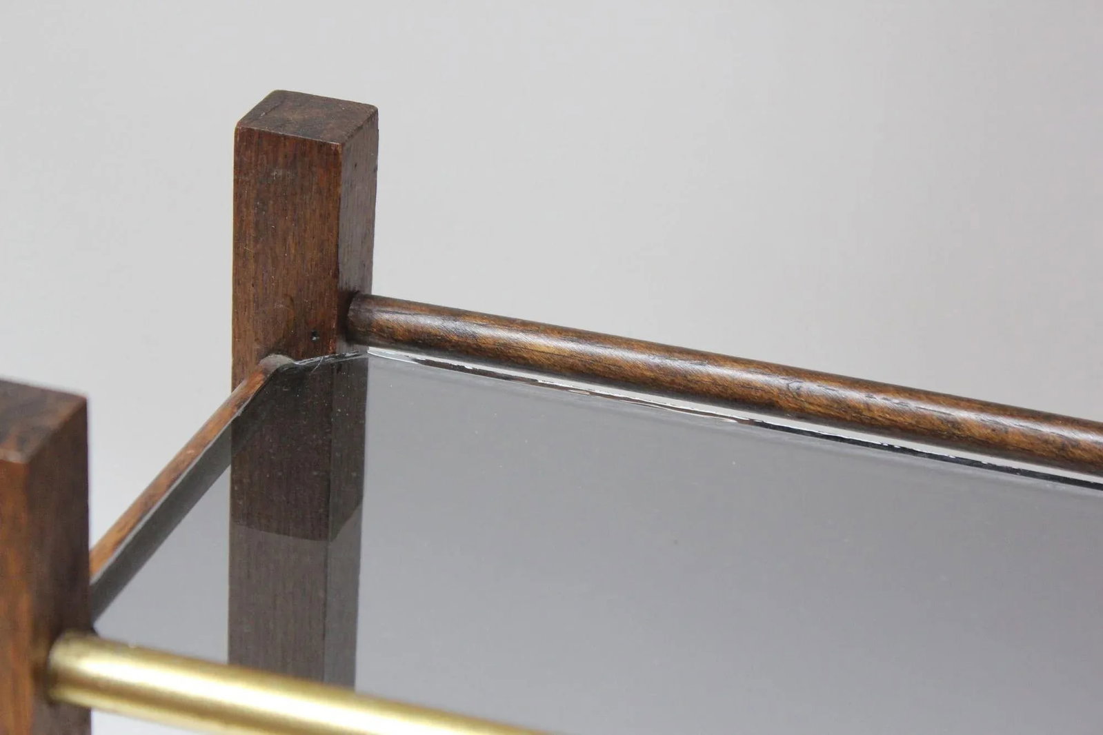 Mid-Century American Modern Three-Tier Wooden and Smoked-Glass Tabletop Shelf - 10