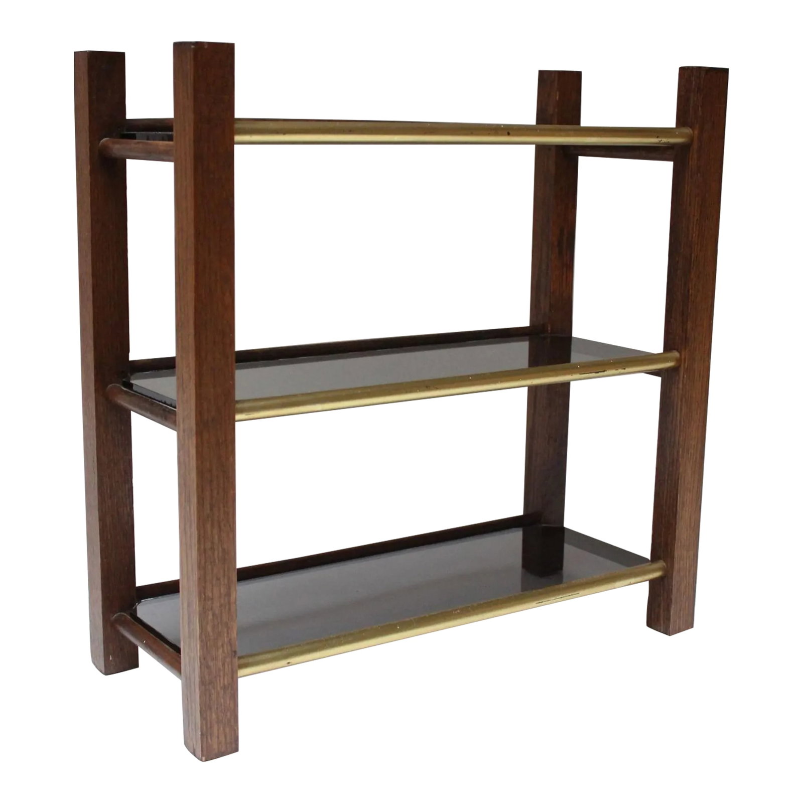 Mid-Century American Modern Three-Tier Wooden and Smoked-Glass Tabletop Shelf: Three-tier wooden (likely chestnut or English oak) and smoked glass tabletop shelf with the front bars painted gold. There are brackets for wall-mounting, or the unit can sit on a credenza or table,