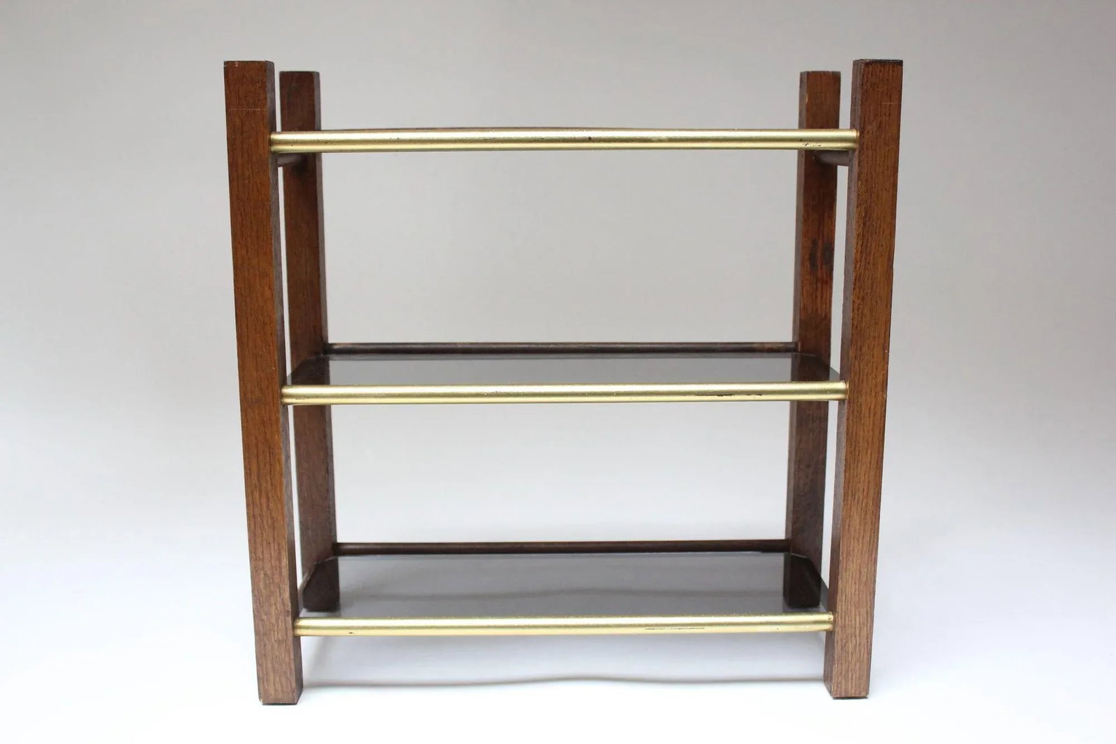 Mid-Century American Modern Three-Tier Wooden and Smoked-Glass Tabletop Shelf - 2