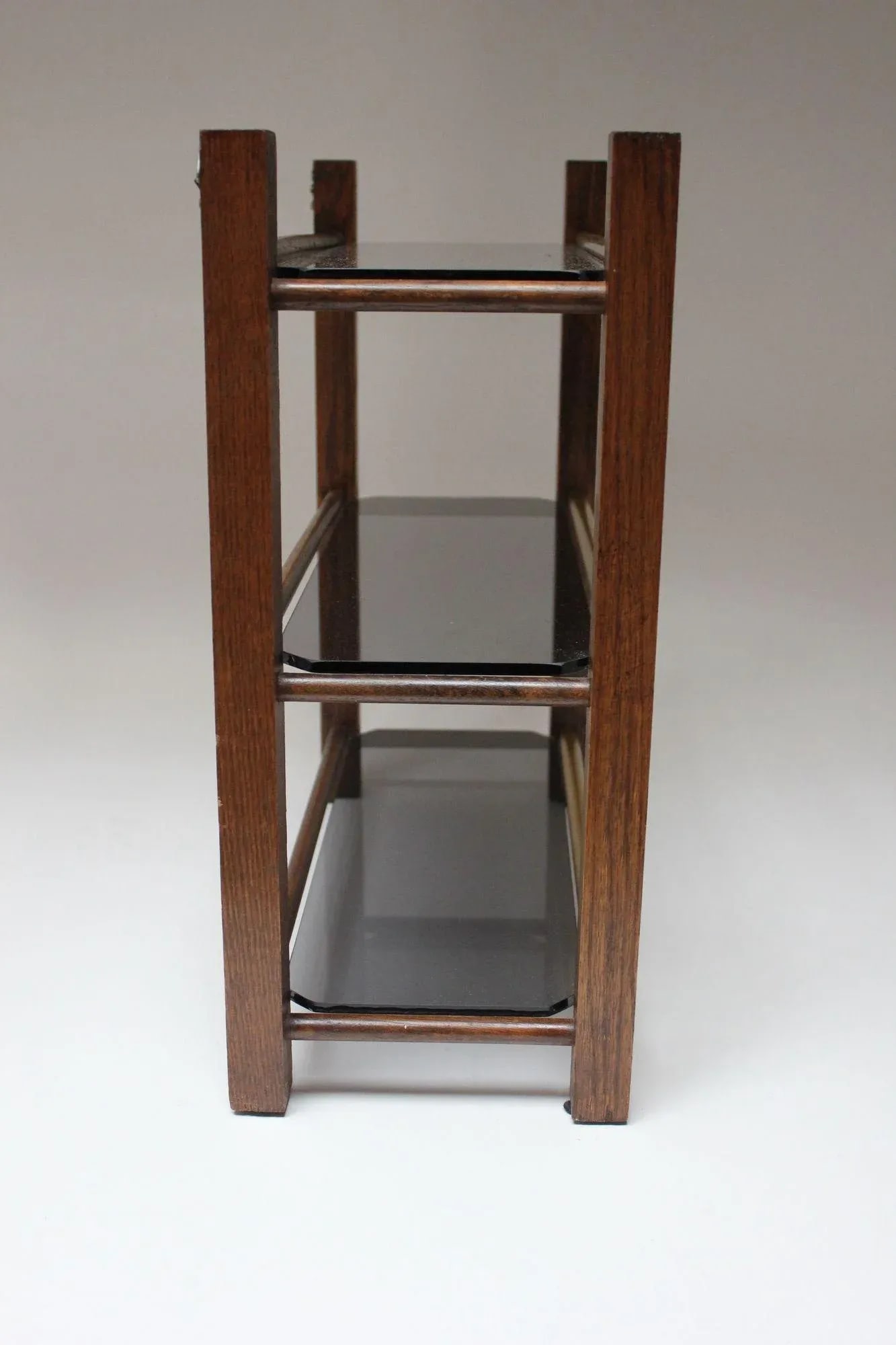 Mid-Century American Modern Three-Tier Wooden and Smoked-Glass Tabletop Shelf - 4