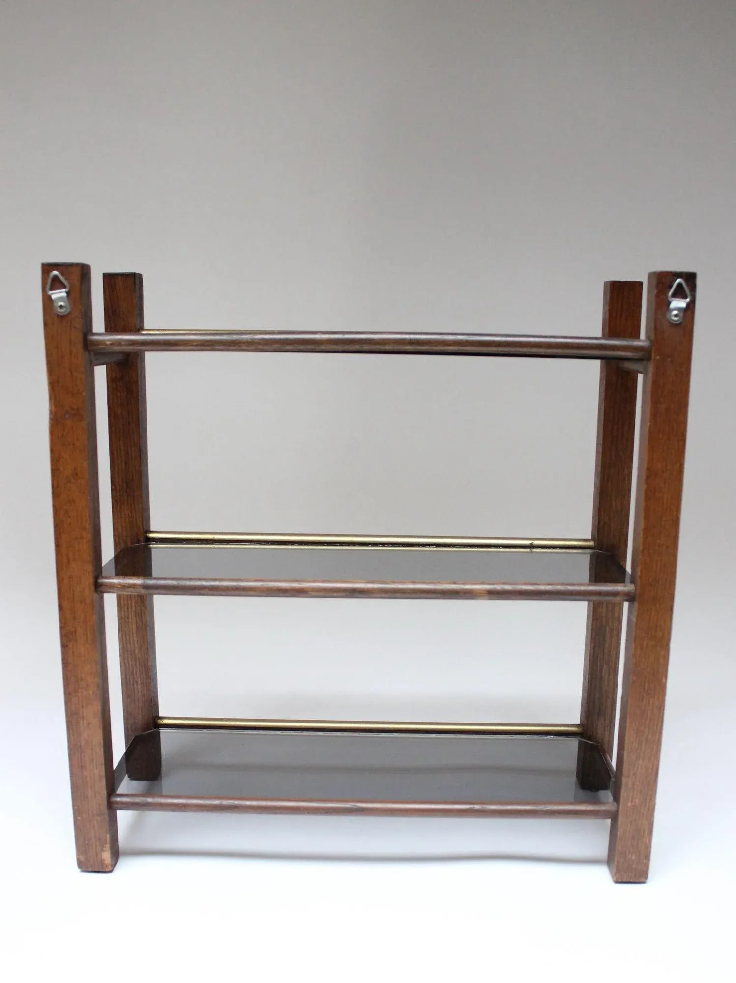 Mid-Century American Modern Three-Tier Wooden and Smoked-Glass Tabletop Shelf - 5