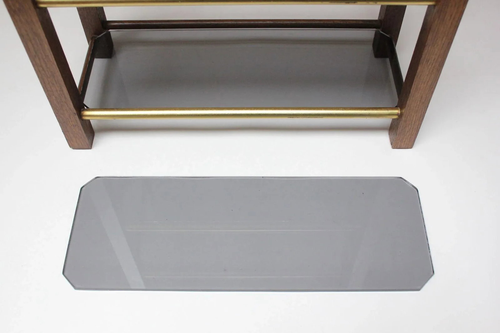 Mid-Century American Modern Three-Tier Wooden and Smoked-Glass Tabletop Shelf - 6