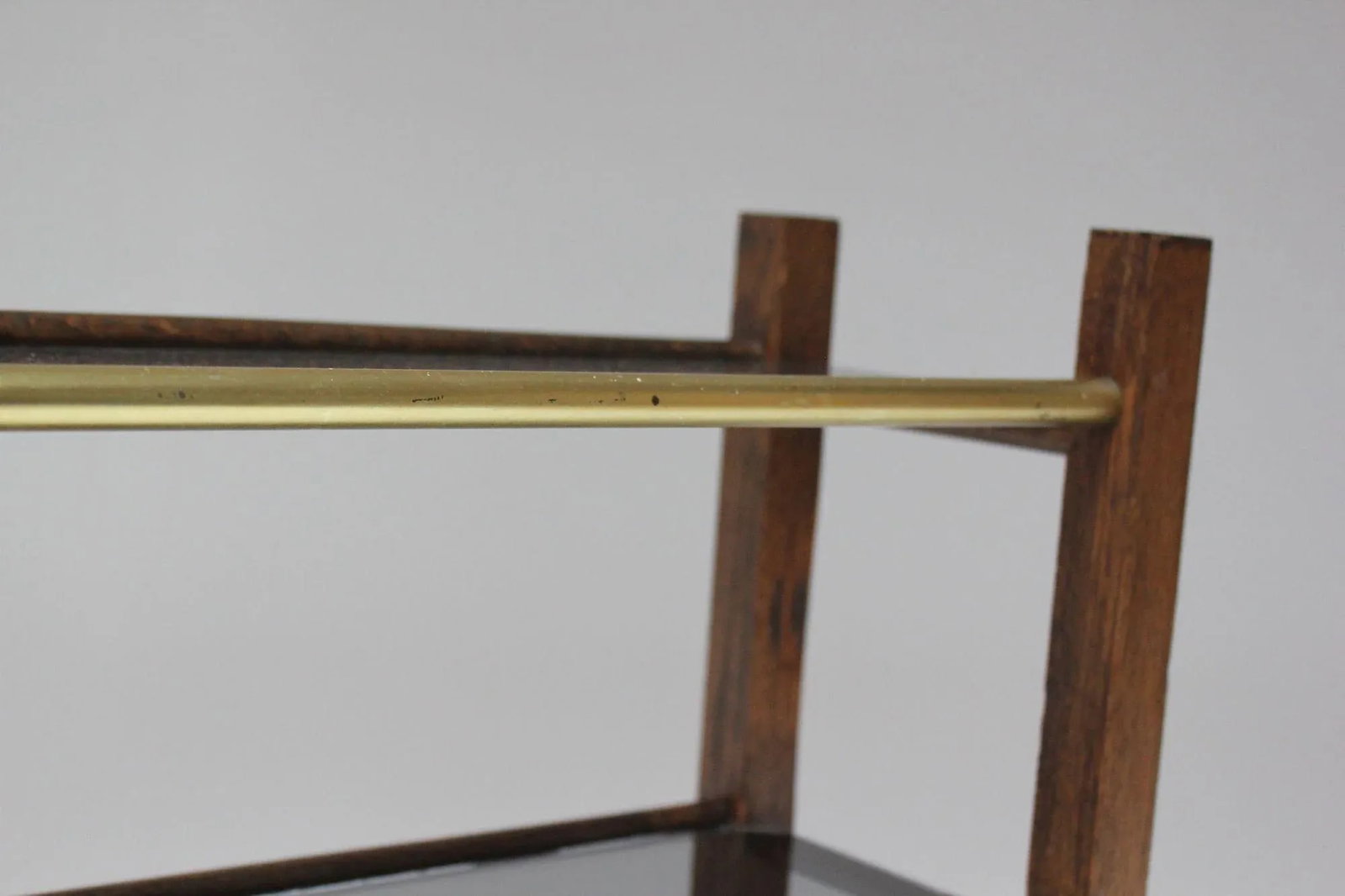 Mid-Century American Modern Three-Tier Wooden and Smoked-Glass Tabletop Shelf - 8