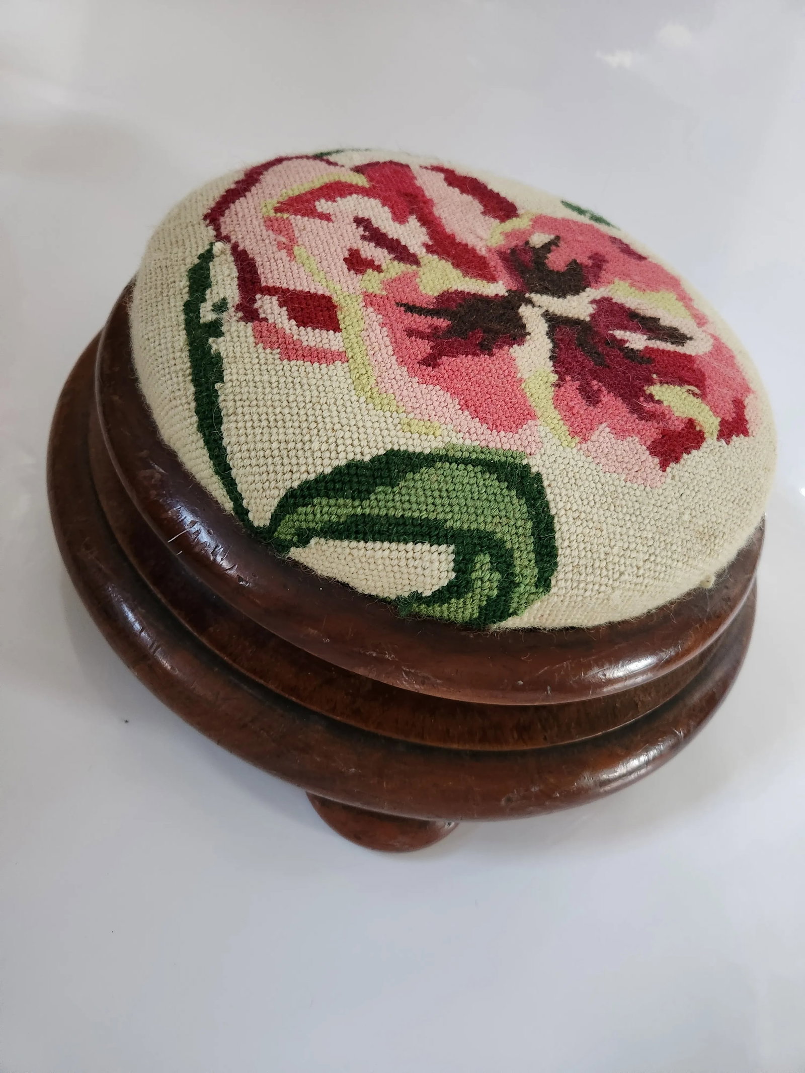 Late 19th Century Victorian Round Needlepoint Footstool by W. Richardson & Co of Darlington - 2