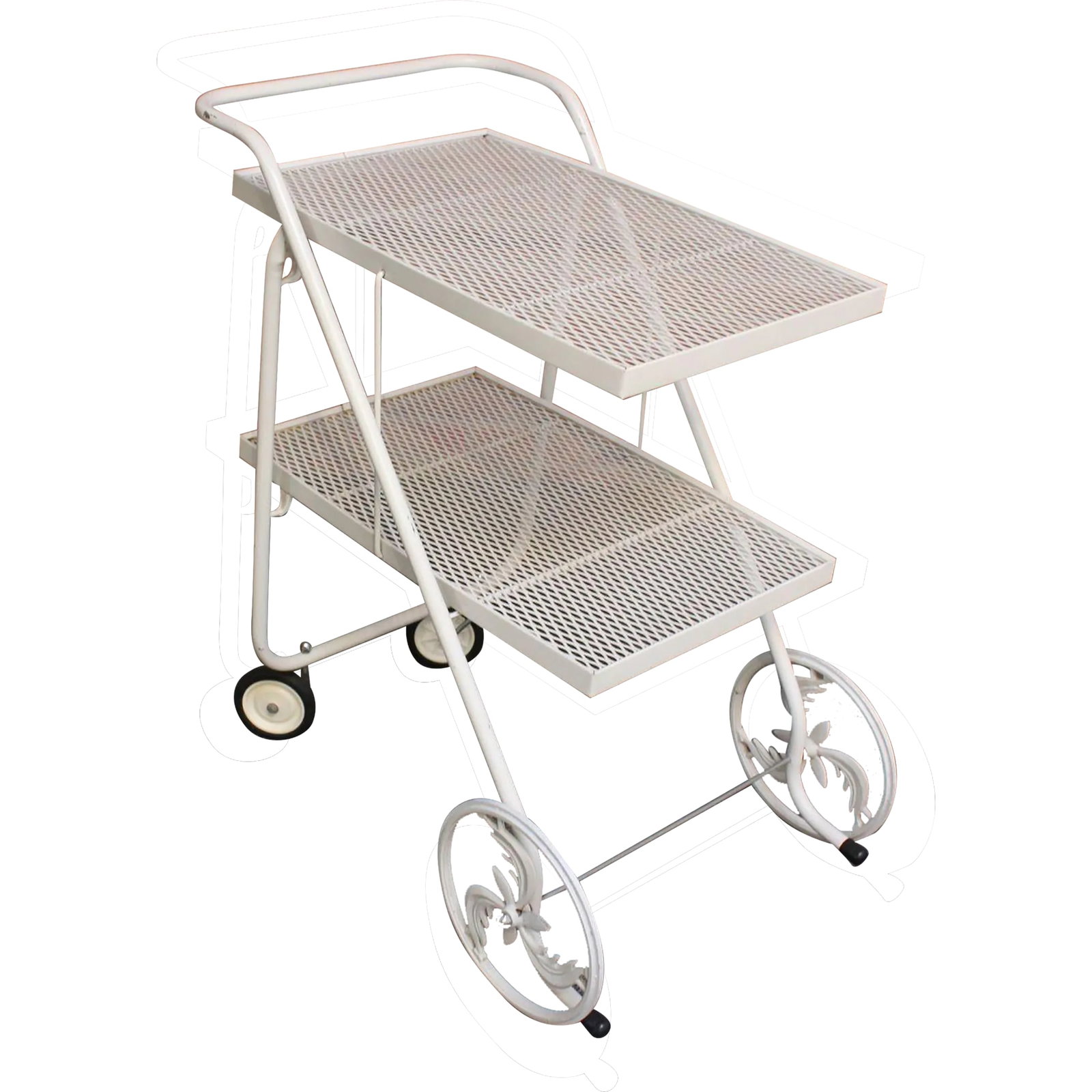 Mid-Century Modern Painted Metal Garden Tea/Bar Cart Trolley: Russell Woodard-style two-tier painted white metal bar/tea cart (ca. 1950s, USA). Composed of two mesh/perforated tiers and tubular metal handles, all supported by four caster wheels for mobility -