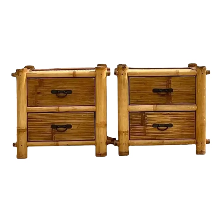 Late 20th Century Vintage Bamboo Caribbean Style Nightstands- a Pair: A lovely pair of vintage bamboo nightstands in a Caribbean style with woven sides and top. Acquired at a Palm Beach estate. Dimensions: Height: 24 in (60.96 cm)Width: 26.5 in (67.31 cm)Depth: 20.25