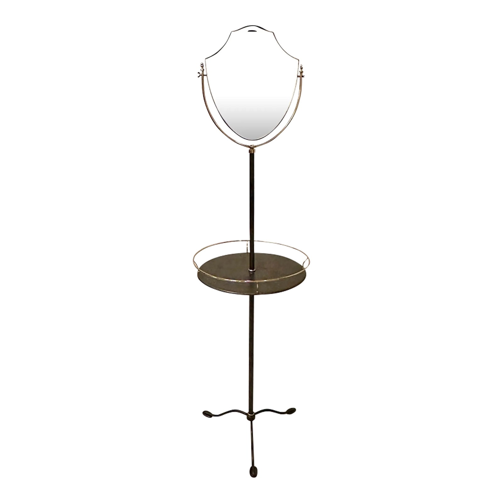 Brass and Galvanized Metal Standing Shaving Stand: Elegant brass and galvanized metal standing shaving or dressing mirror with shield shaped mirror having a gallery edge table resting on a tripod base. Condition: Alterations: Original Design Modified 