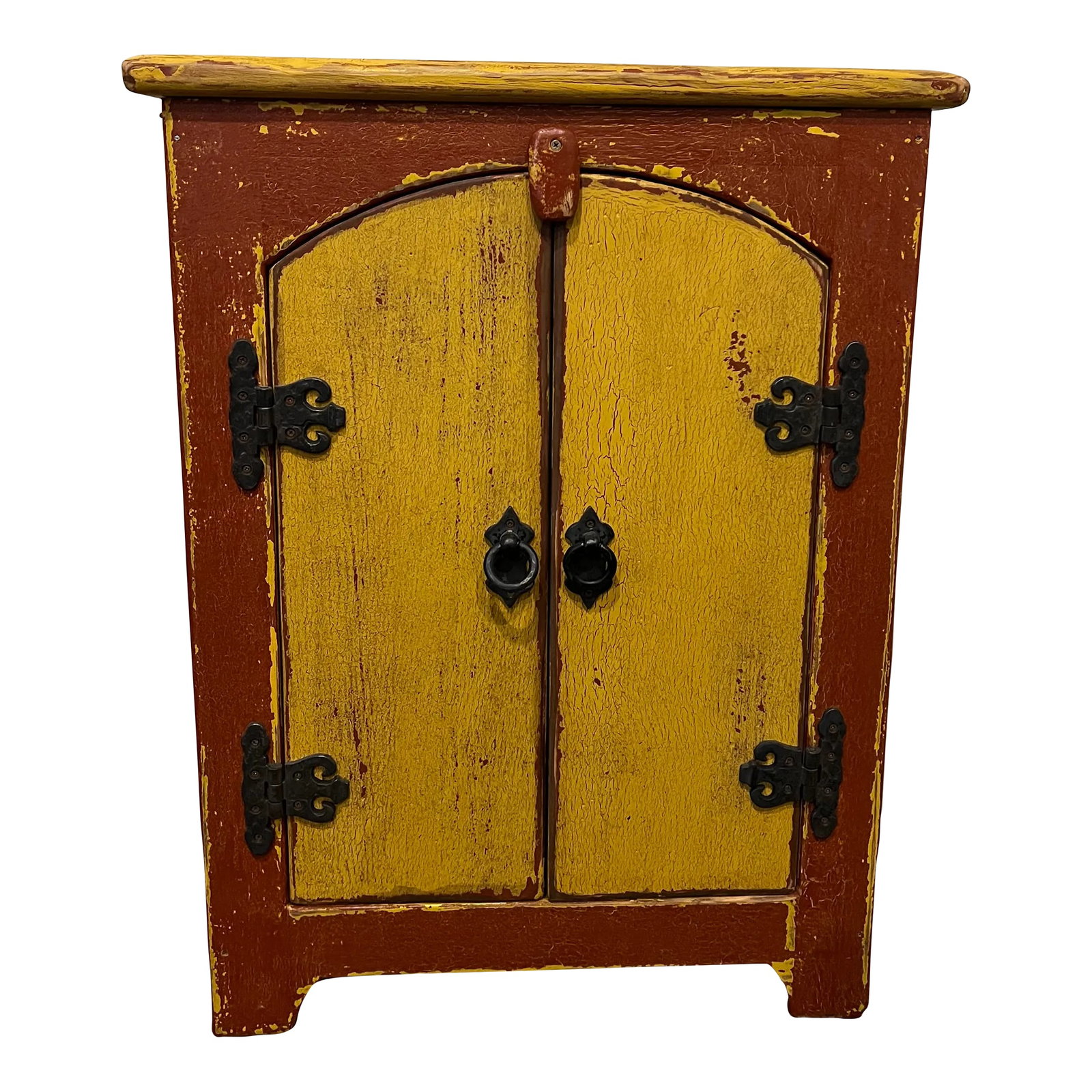 Trasteros Southwestern American Primitive Painted Solid Wood Cabinet: This versatile piece looks like it was saved from an old homestead crafted out of solid wood. Distressed and painted with stunning patina. A stunning rare piece to add character to any room. 30" tall 