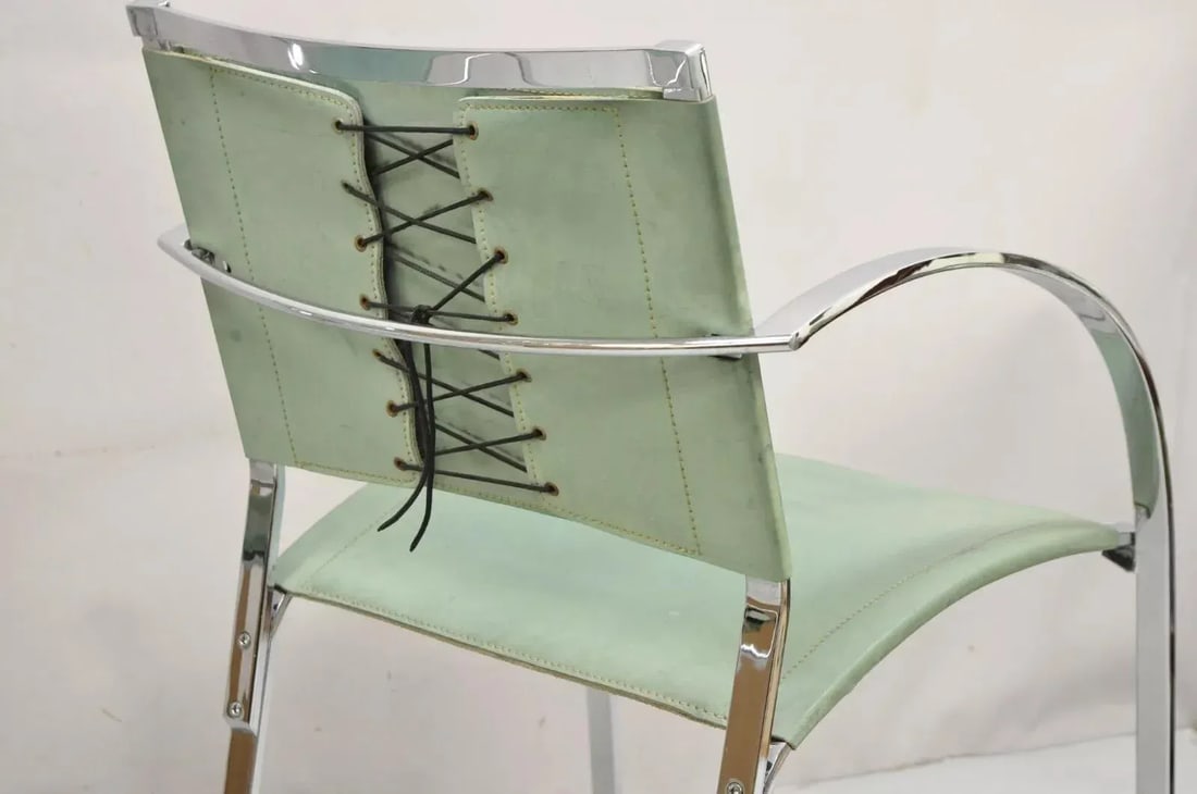 1970s Italian Modern Naos Italy Teal Blue Leather Chrome "Corset" Arm Chairs - a Pair - 11