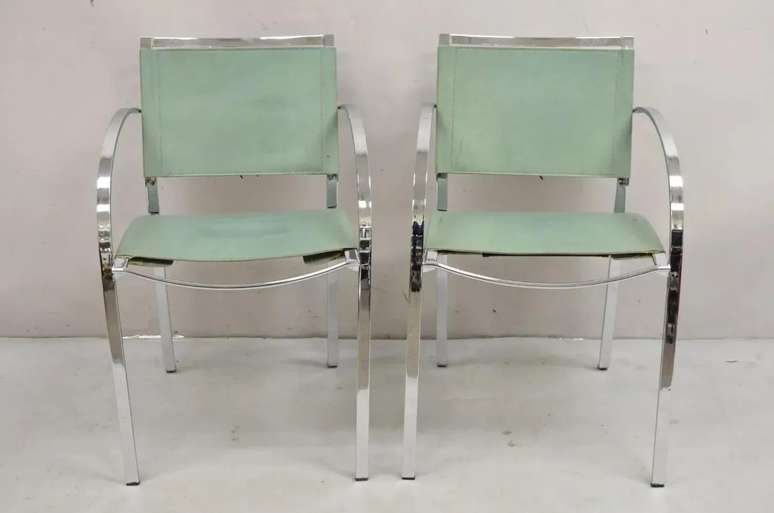 1970s Italian Modern Naos Italy Teal Blue Leather Chrome "Corset" Arm Chairs - a Pair - 12