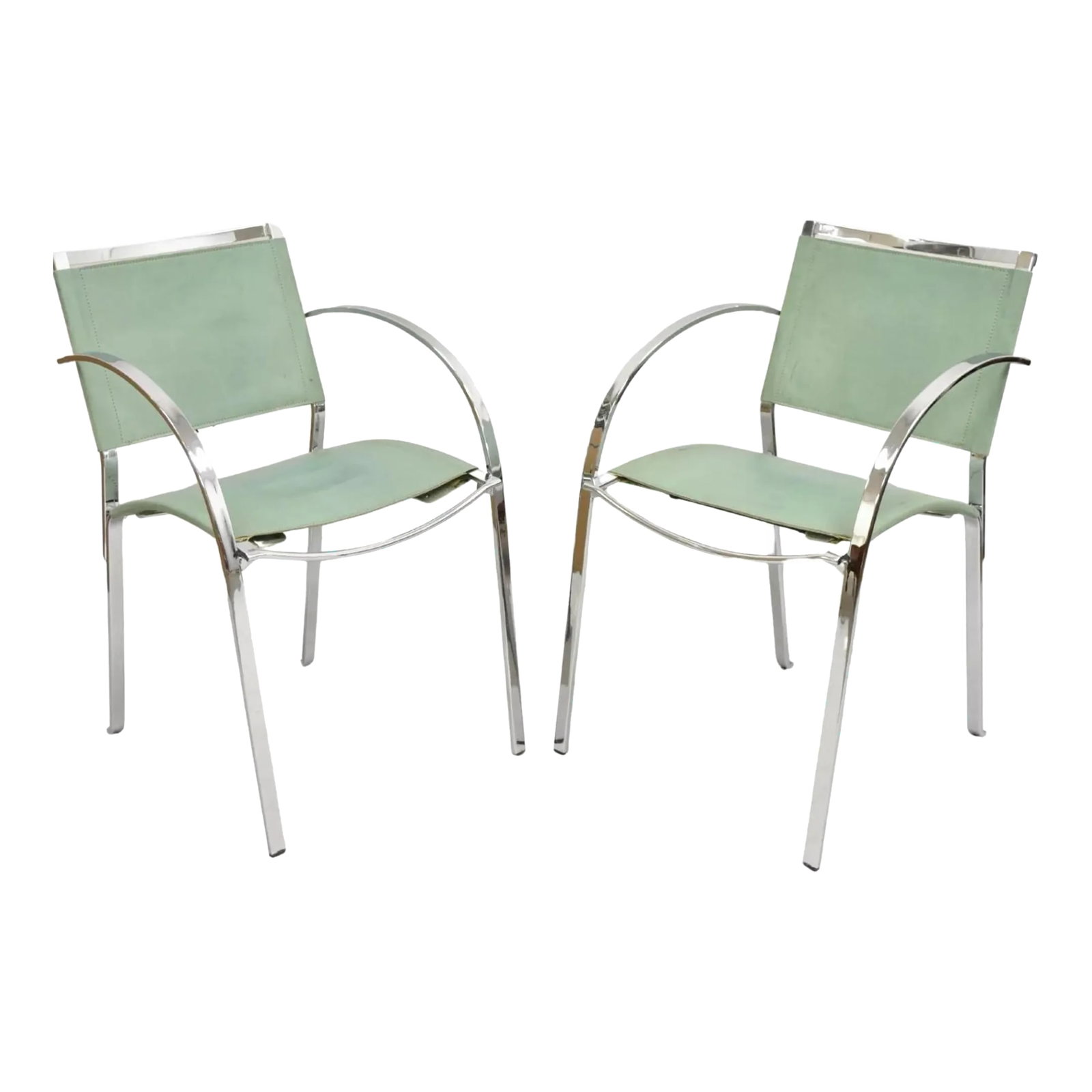 1970s Italian Modern Naos Italy Teal Blue Leather Chrome "Corset" Arm Chairs - a Pair: Italian Modern Naos Italy Teal Blue Leather Chrome "Corset" Arm Chairs - a Pair. Circa 1970s Measurements: 31.5" H x 20.25" W x 23" D x 19" Seat height x 26.5" Arm height. Condition: Alterations: Orig