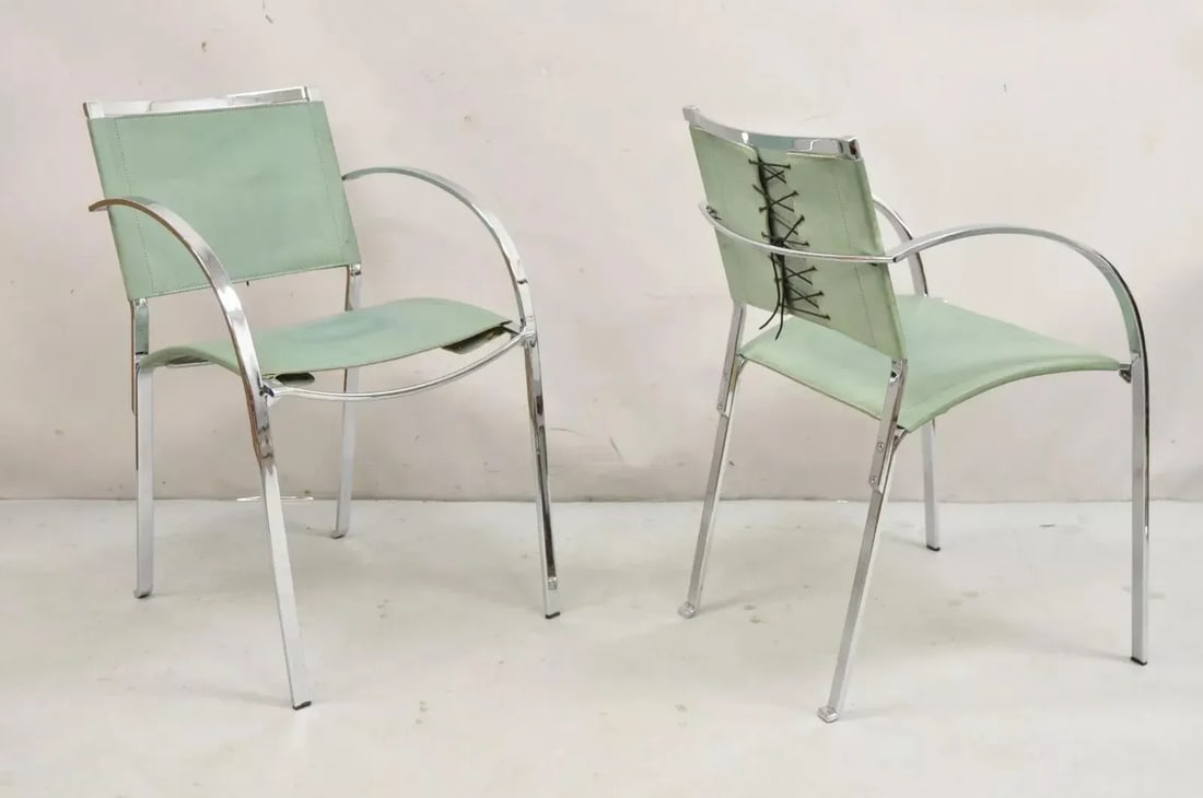 1970s Italian Modern Naos Italy Teal Blue Leather Chrome "Corset" Arm Chairs - a Pair - 2