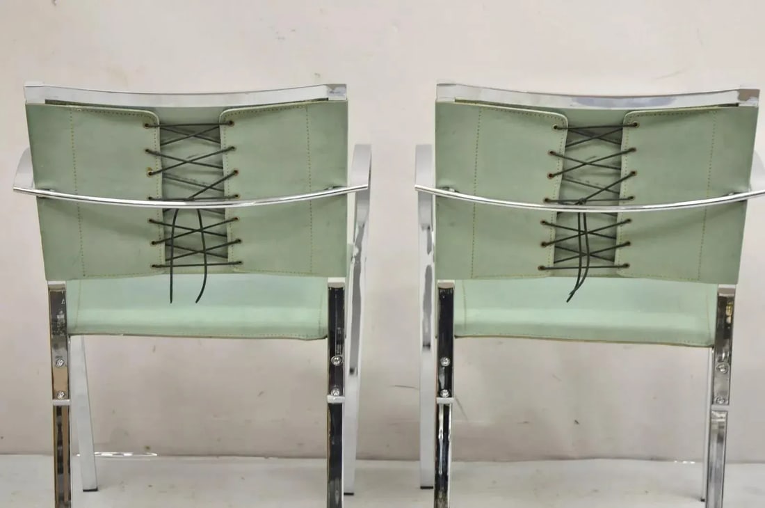 1970s Italian Modern Naos Italy Teal Blue Leather Chrome "Corset" Arm Chairs - a Pair - 3
