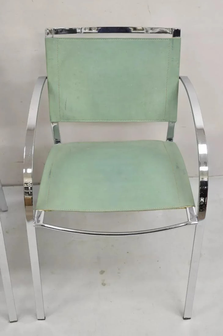 1970s Italian Modern Naos Italy Teal Blue Leather Chrome "Corset" Arm Chairs - a Pair - 4