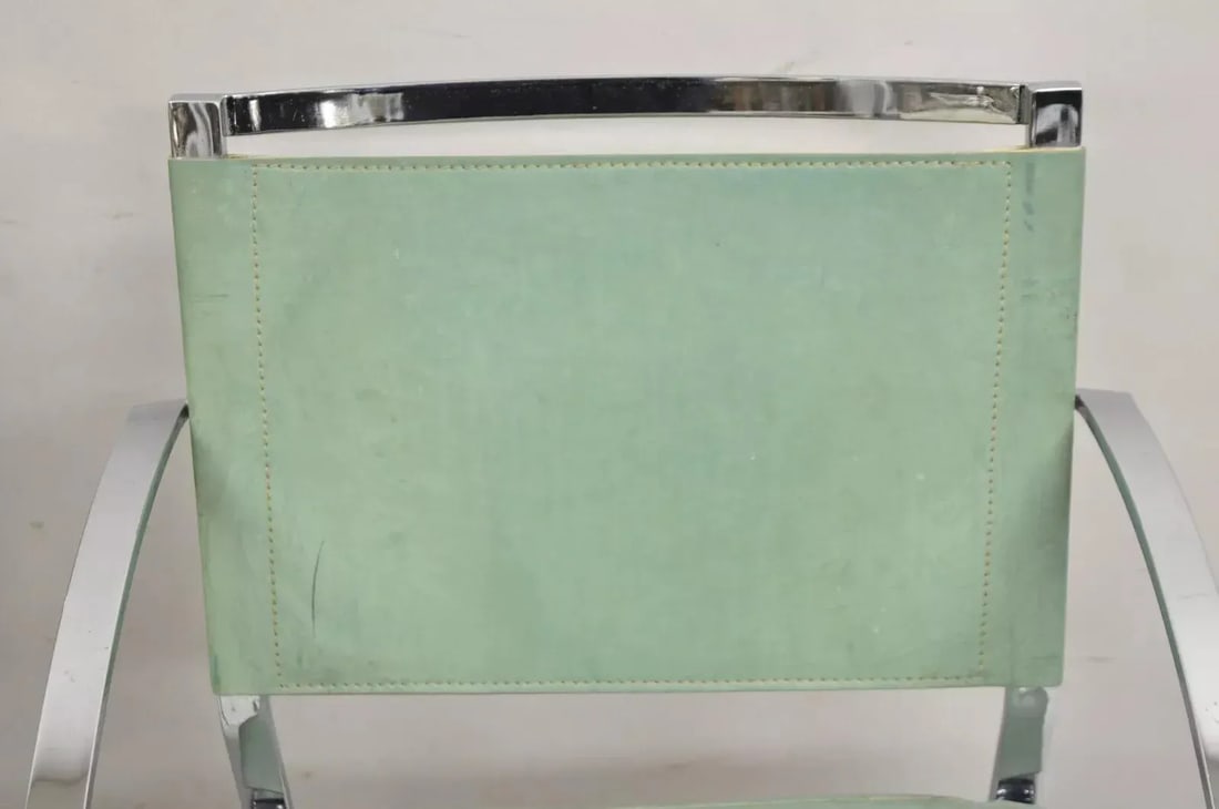 1970s Italian Modern Naos Italy Teal Blue Leather Chrome "Corset" Arm Chairs - a Pair - 5
