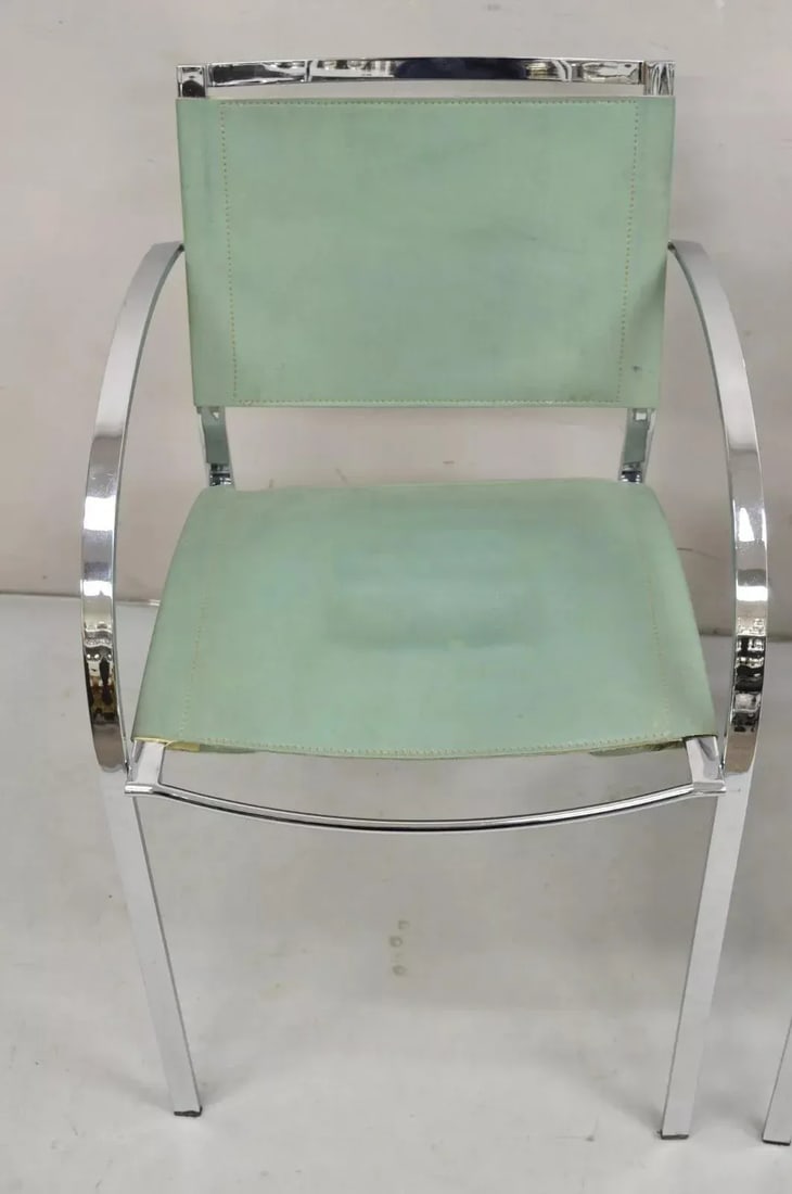 1970s Italian Modern Naos Italy Teal Blue Leather Chrome "Corset" Arm Chairs - a Pair - 6