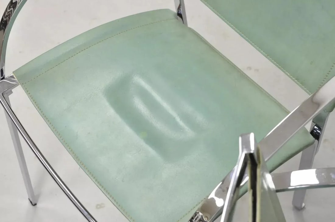 1970s Italian Modern Naos Italy Teal Blue Leather Chrome "Corset" Arm Chairs - a Pair - 7