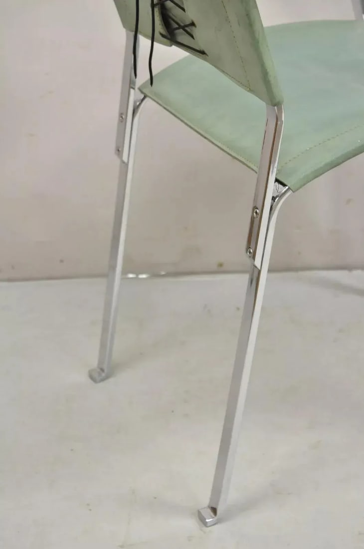 1970s Italian Modern Naos Italy Teal Blue Leather Chrome "Corset" Arm Chairs - a Pair - 8