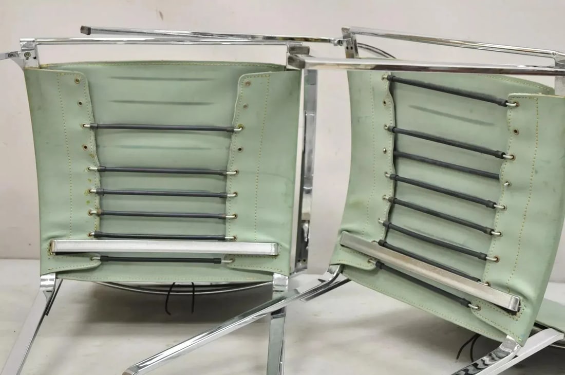 1970s Italian Modern Naos Italy Teal Blue Leather Chrome "Corset" Arm Chairs - a Pair - 9