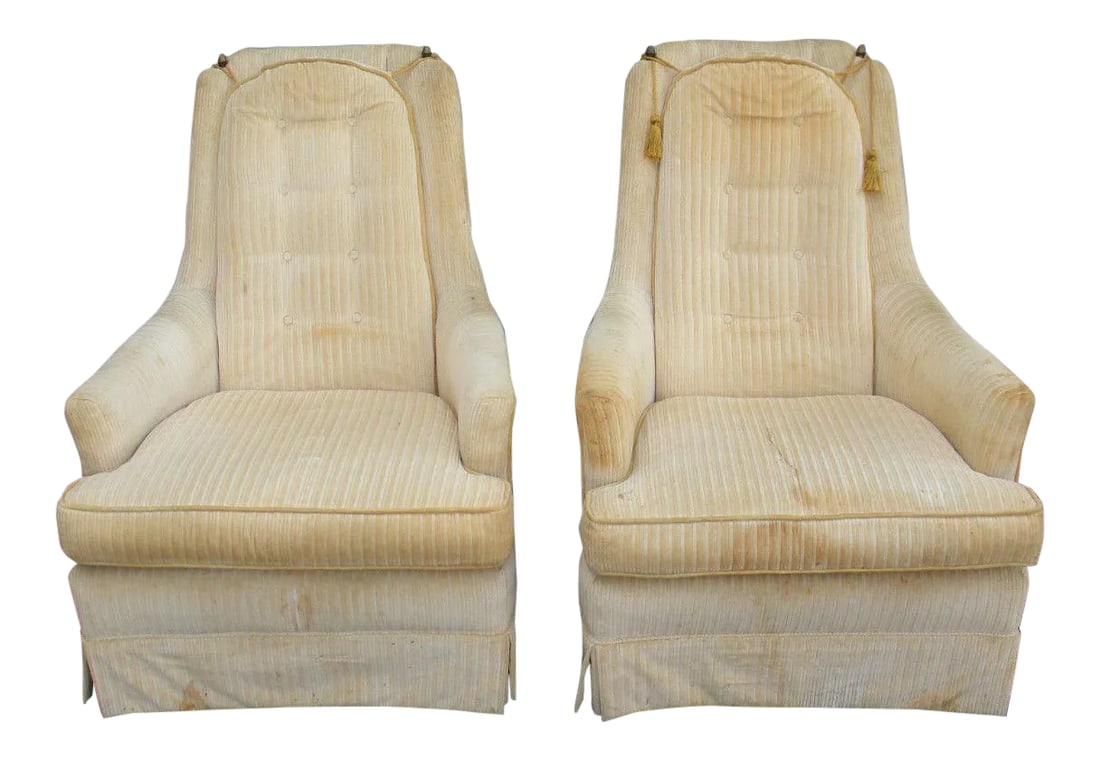 Mid-Century Tufted Side by Side Chairs by Kay - Pair: These charming Side Chairs have tufted fabric on the seat-backs, see pictures, and they are very deep and comfortable with unusual tassels on the top. The fabric has some spots and aging, we