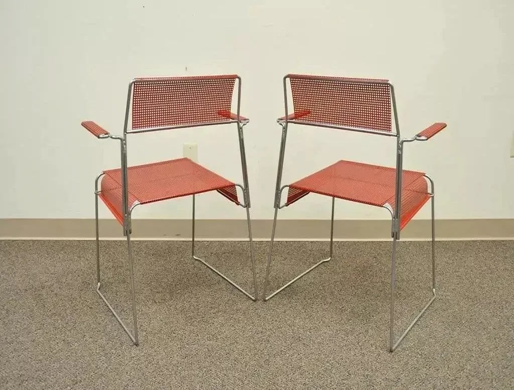 Mid 20th Century Vintage Tomado Style Mid Century Modern Stacking Chrome Metal Mesh Red Chairs - Pai - 10