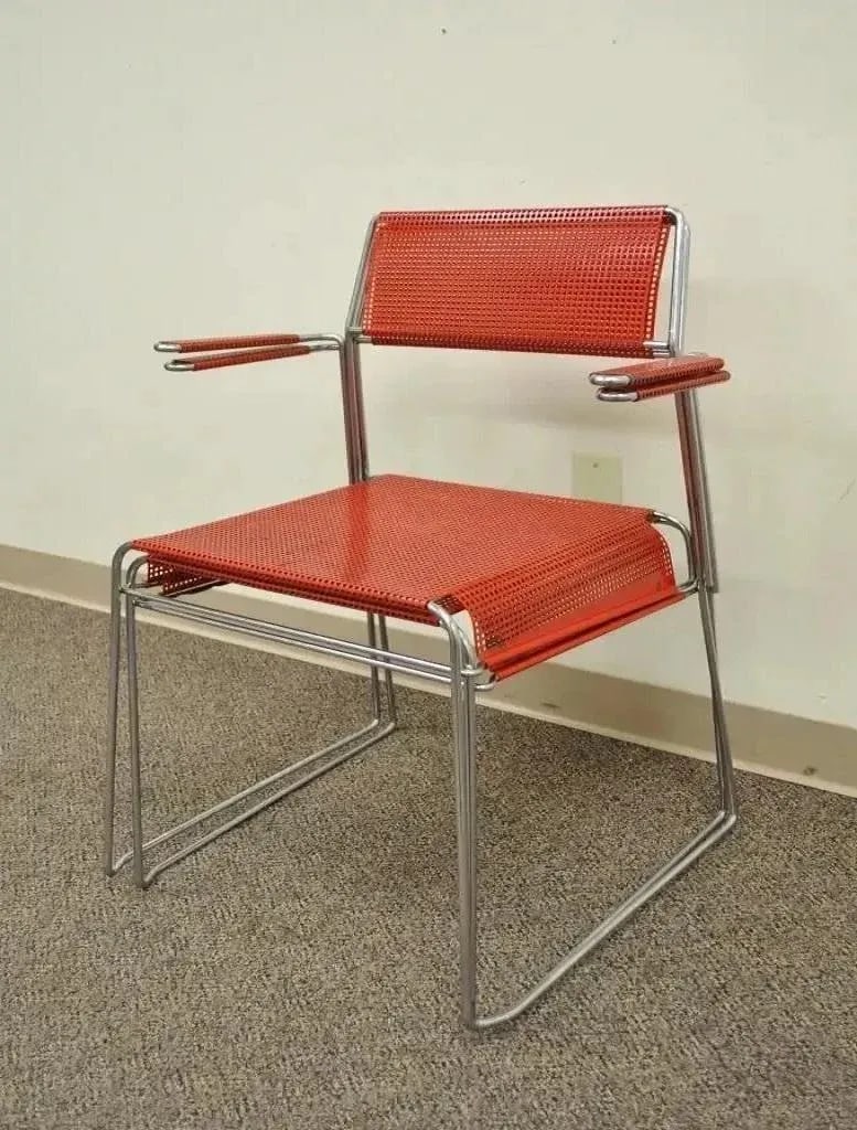 Mid 20th Century Vintage Tomado Style Mid Century Modern Stacking Chrome Metal Mesh Red Chairs - Pai - 11