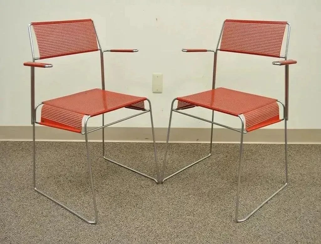 Mid 20th Century Vintage Tomado Style Mid Century Modern Stacking Chrome Metal Mesh Red Chairs - Pai - 12