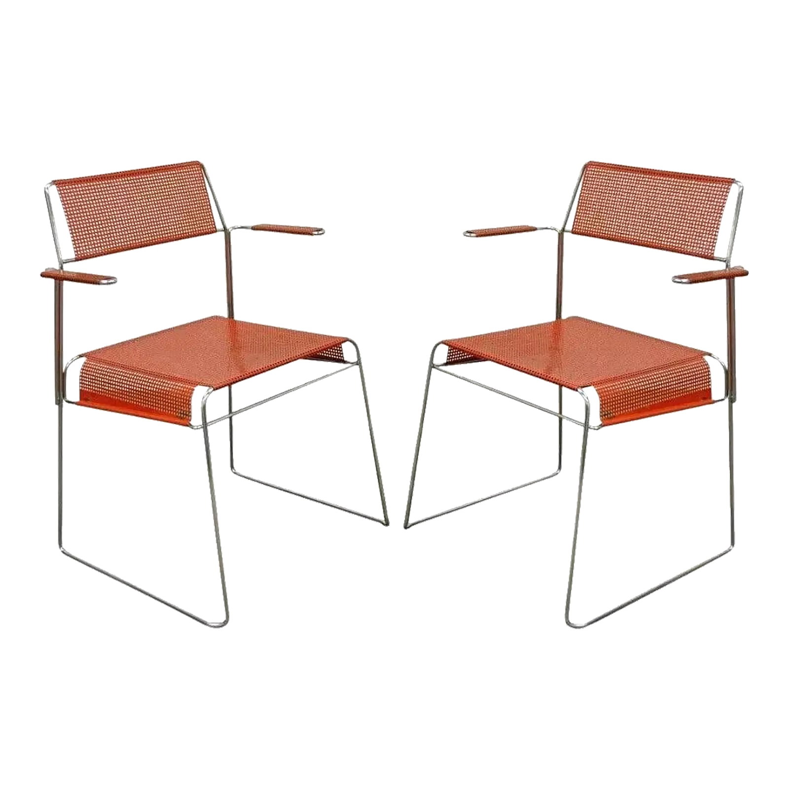 Mid 20th Century Vintage Tomado Style Mid Century Modern Stacking Chrome Metal Mesh Red Chairs - Pai: Pair of Vintage Tomado Style Mid Century Modern Stacking Chrome Metal Mesh Arm Chairs (B). Item features red enamel painted backs, seats, and armrests, modern design, sturdy construction, very nice