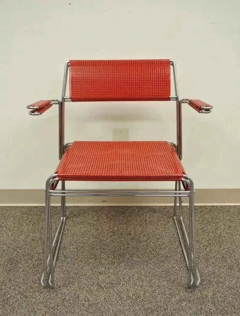 Mid 20th Century Vintage Tomado Style Mid Century Modern Stacking Chrome Metal Mesh Red Chairs - Pai - 2