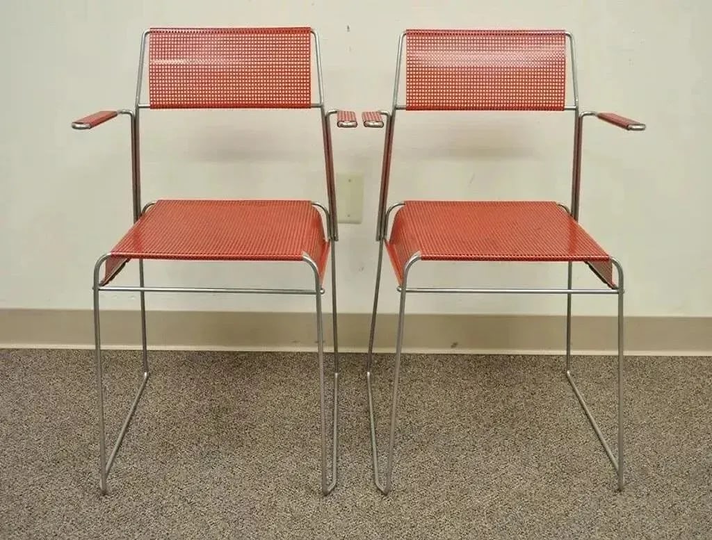 Mid 20th Century Vintage Tomado Style Mid Century Modern Stacking Chrome Metal Mesh Red Chairs - Pai - 3