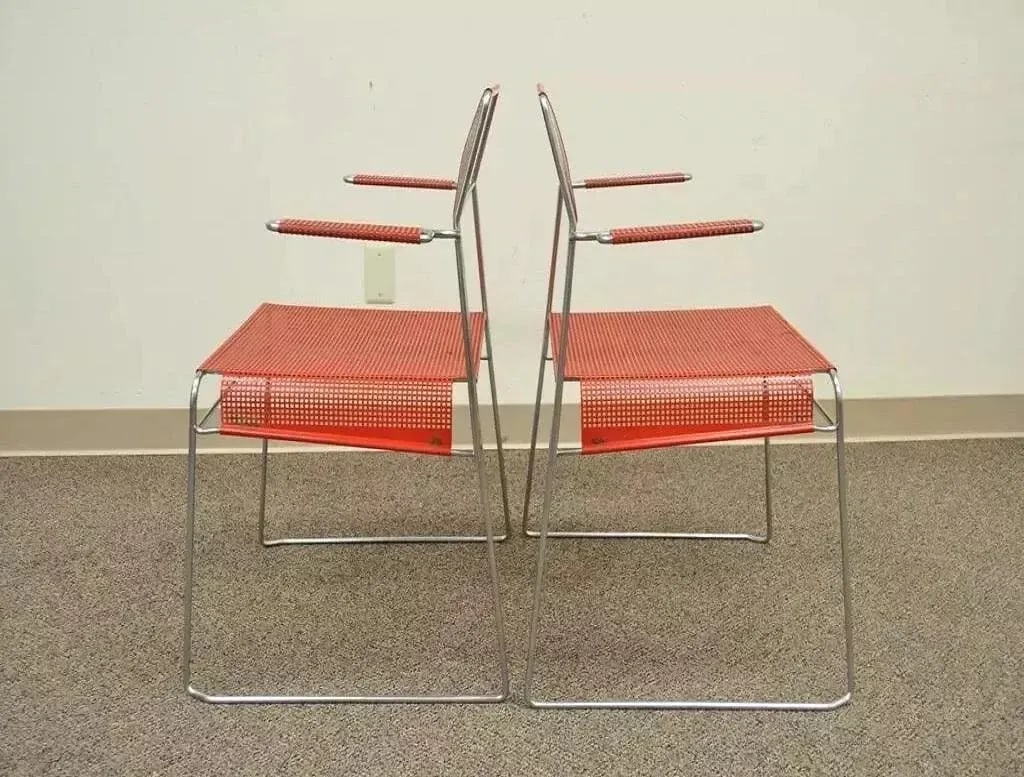 Mid 20th Century Vintage Tomado Style Mid Century Modern Stacking Chrome Metal Mesh Red Chairs - Pai - 9