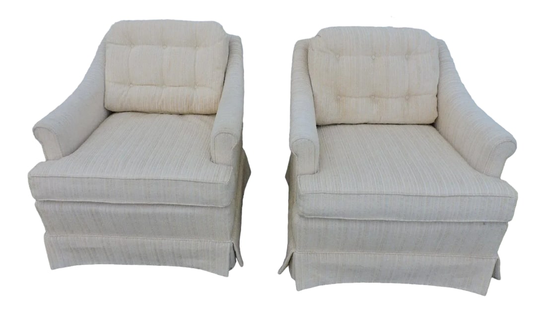Mid Century Pair of Tufted Living Room Side by Side Chairs by Burdines: These charming Side Chairs have fabric upholstery with tufting on the removable rear pillows, see pictures. These Chairs are very deep and comfortable, and the have tapered wood legs on the bottom.