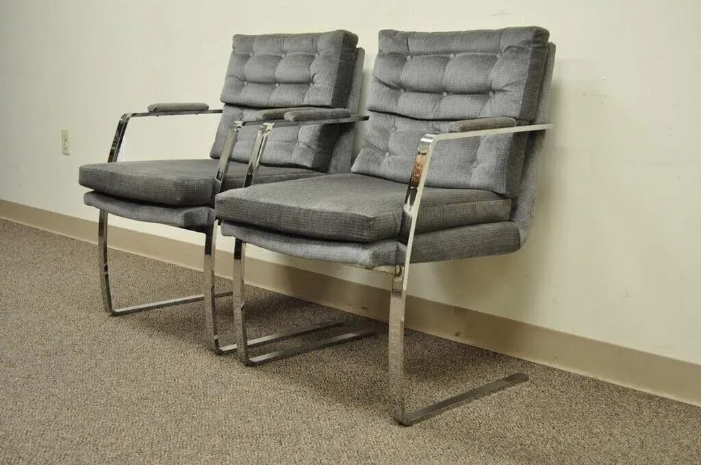 Late 20th Century Mid Century Modern Milo Baughman Style Chrome Steel Cantilever Arm Chairs - Pair - 11
