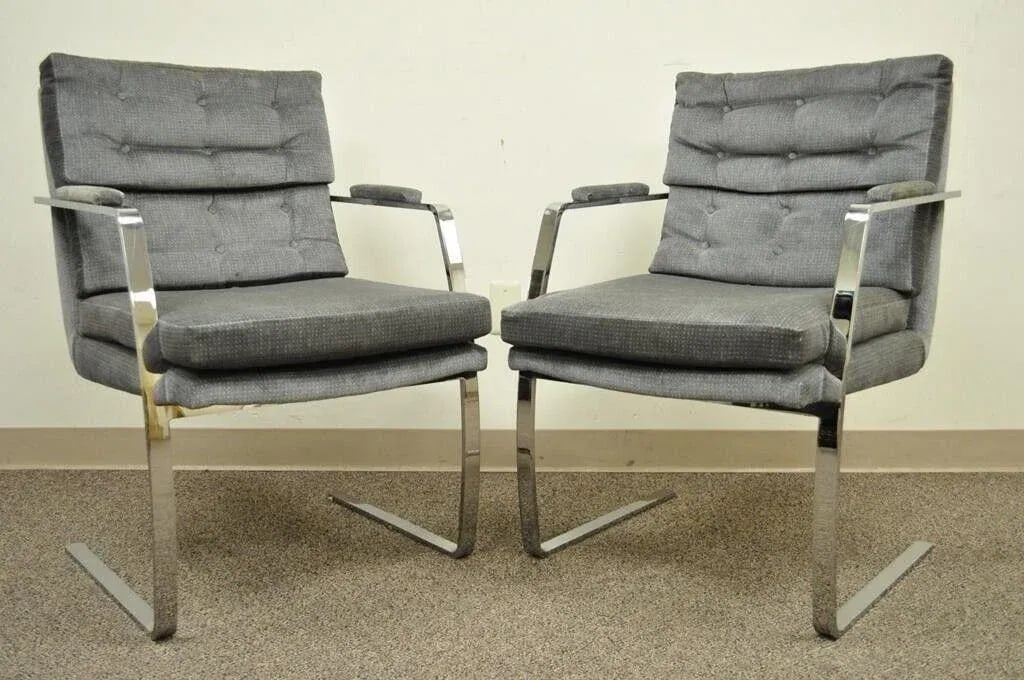 Late 20th Century Mid Century Modern Milo Baughman Style Chrome Steel Cantilever Arm Chairs - Pair - 12