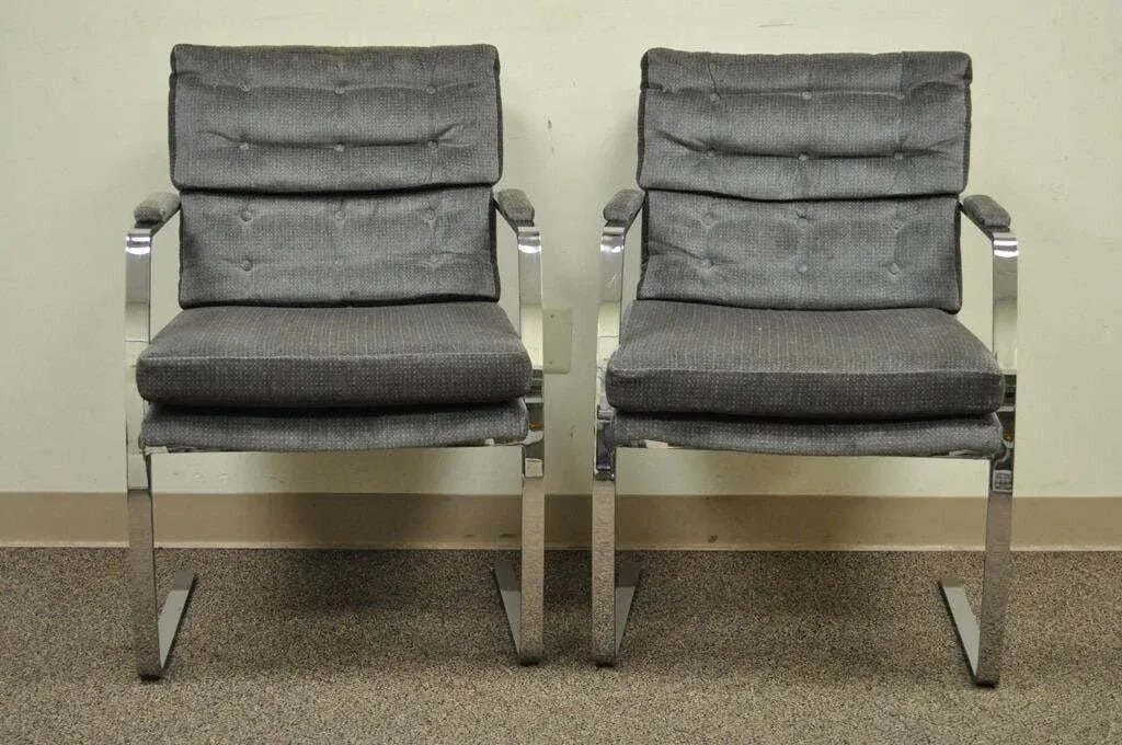 Late 20th Century Mid Century Modern Milo Baughman Style Chrome Steel Cantilever Arm Chairs - Pair - 2