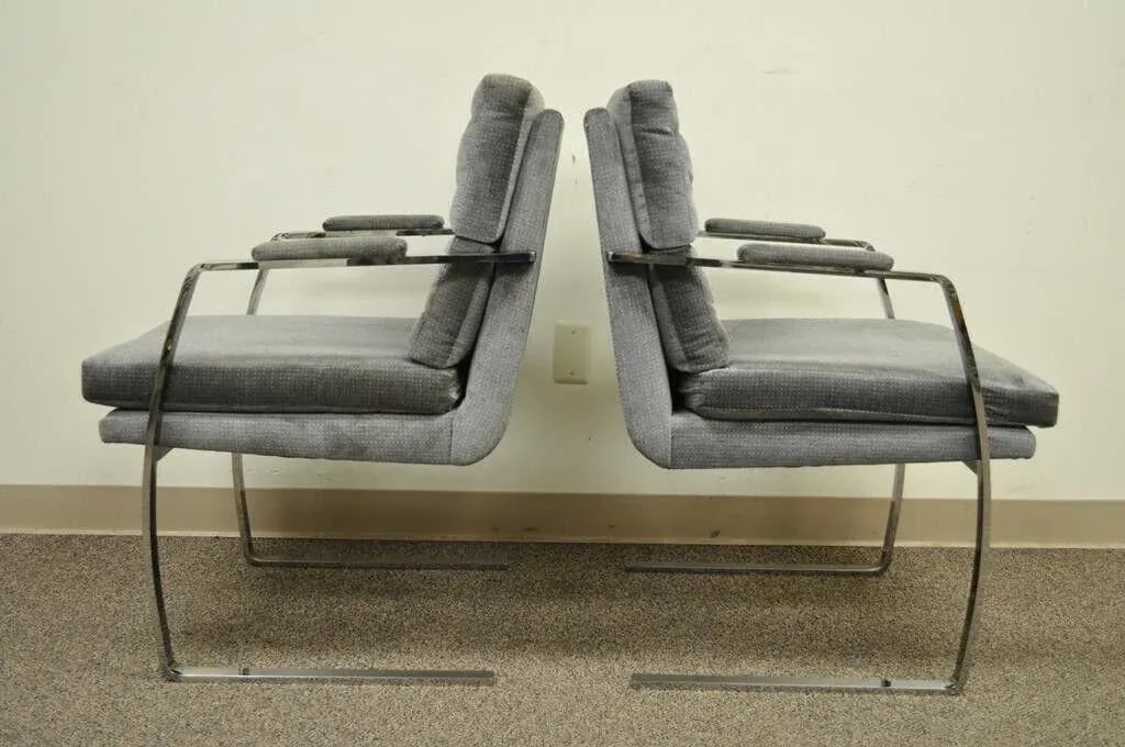 Late 20th Century Mid Century Modern Milo Baughman Style Chrome Steel Cantilever Arm Chairs - Pair - 3
