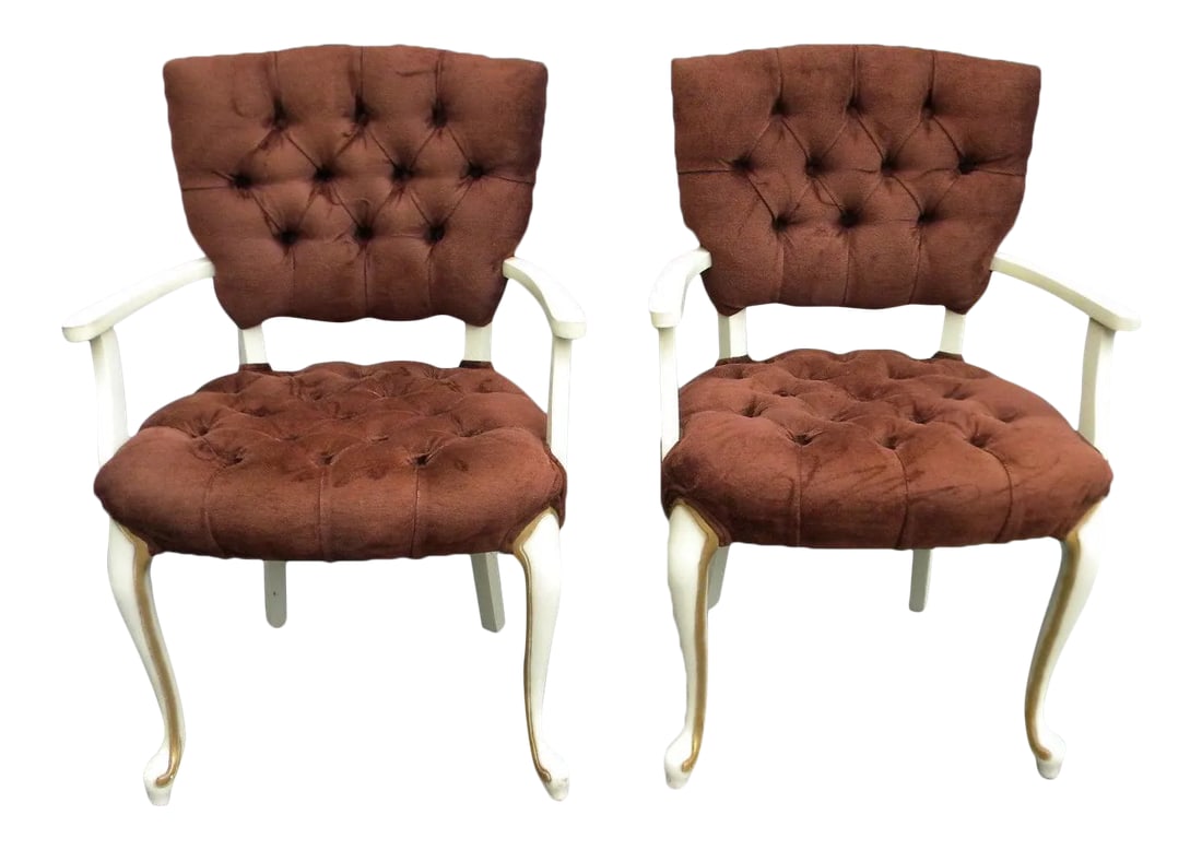 French Painted Tufted Living Room Side Chairs - Pair: These classic Chairs are solid and they have curved French-style arms & legs, they have beautiful frames with gold/bronze-finish highlights. see pictures. These gorgeous Chairs have tufted fabric,
