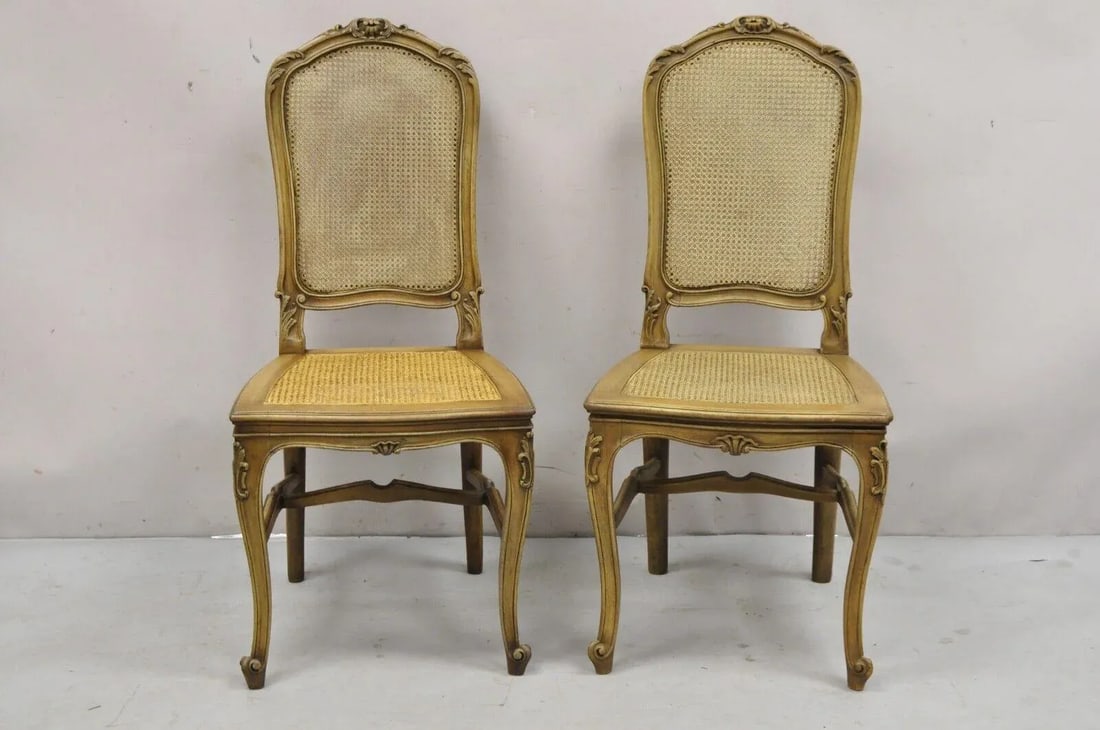 Early 20th Century Antique French Provincial Louis XV Style Carved Walnut Cane Dining Chair - Pair - 2