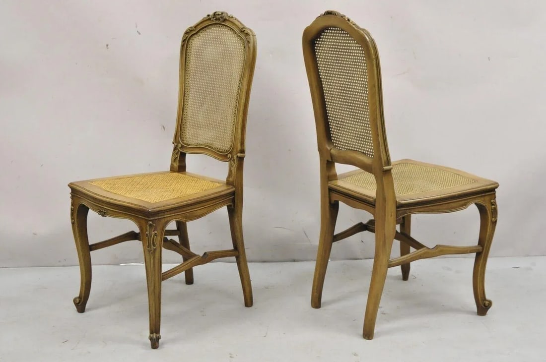 Early 20th Century Antique French Provincial Louis XV Style Carved Walnut Cane Dining Chair - Pair - 3