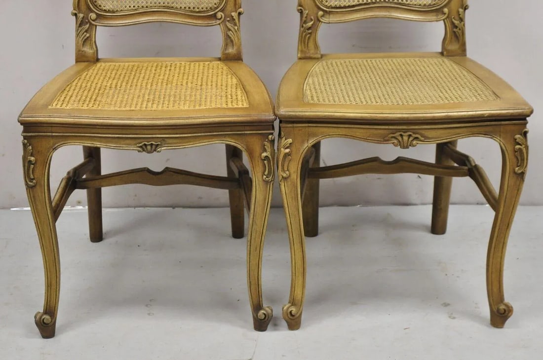 Early 20th Century Antique French Provincial Louis XV Style Carved Walnut Cane Dining Chair - Pair - 5