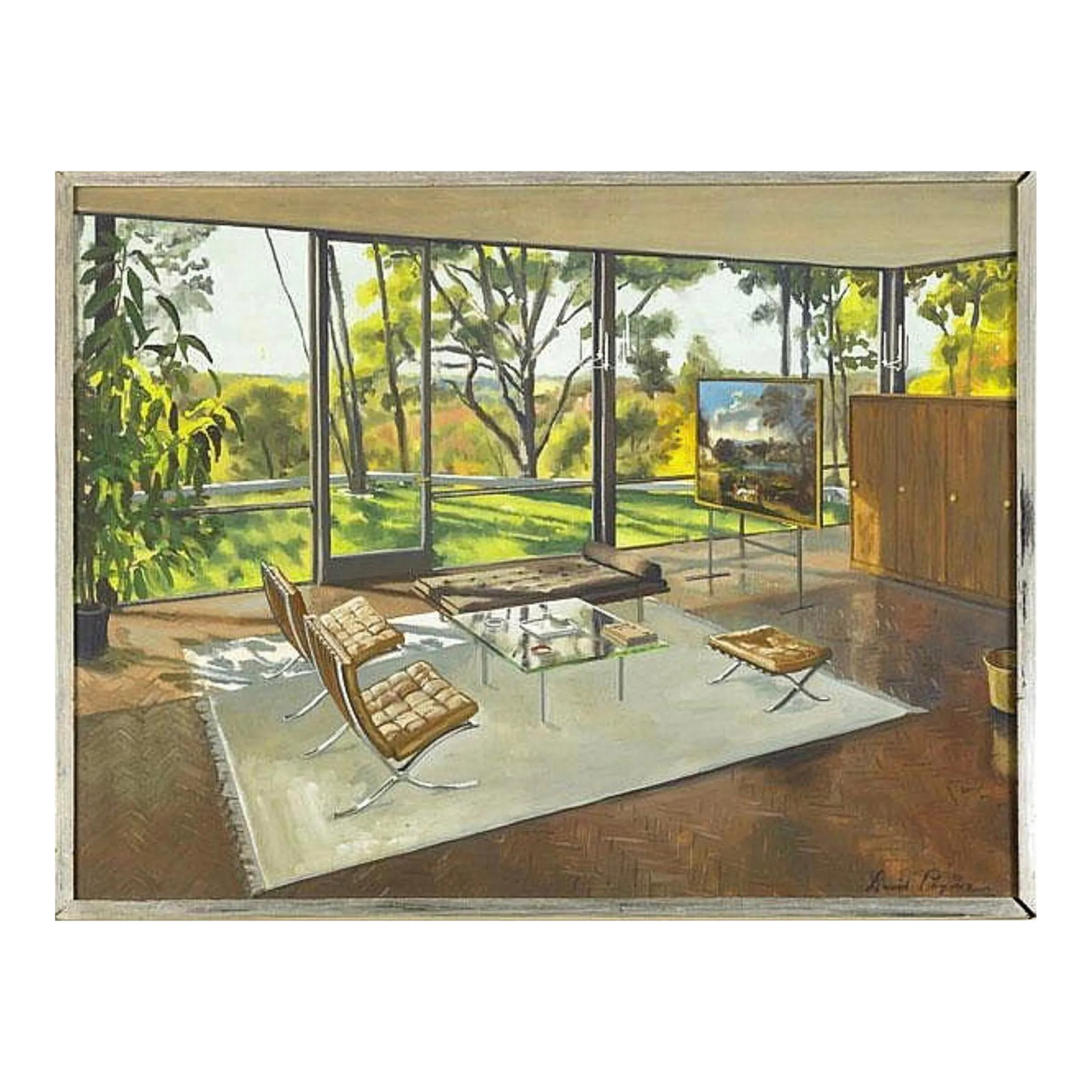 1980s Phillip Johnson the "Glass House" Painting, Framed (1 of 4)