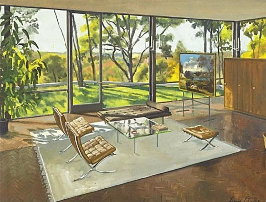1980s Phillip Johnson the "Glass House" Painting, Framed - 2